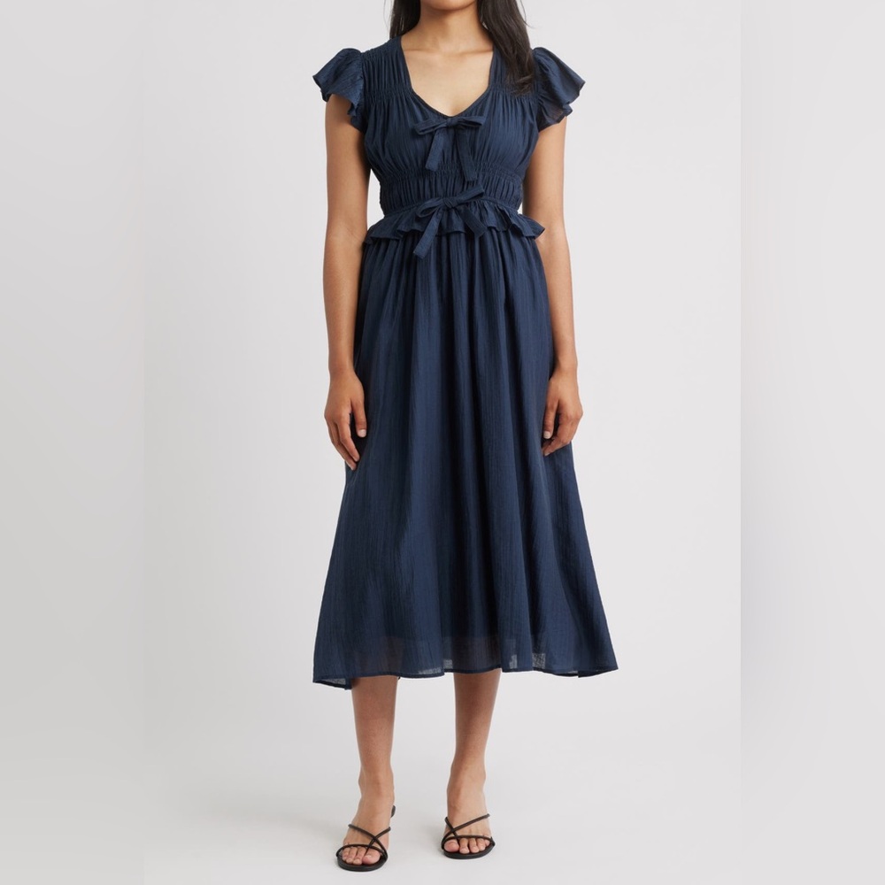 Anthropologie Moon River Smocked Bow Mini Dress Navy Blue Size XS